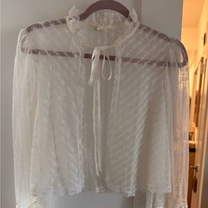VINTAGE 1970s White Sheer Lace Ruffle Tie Cardigan Size Small